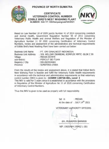 Veterinary Certificate | Indonesia Bird Nest