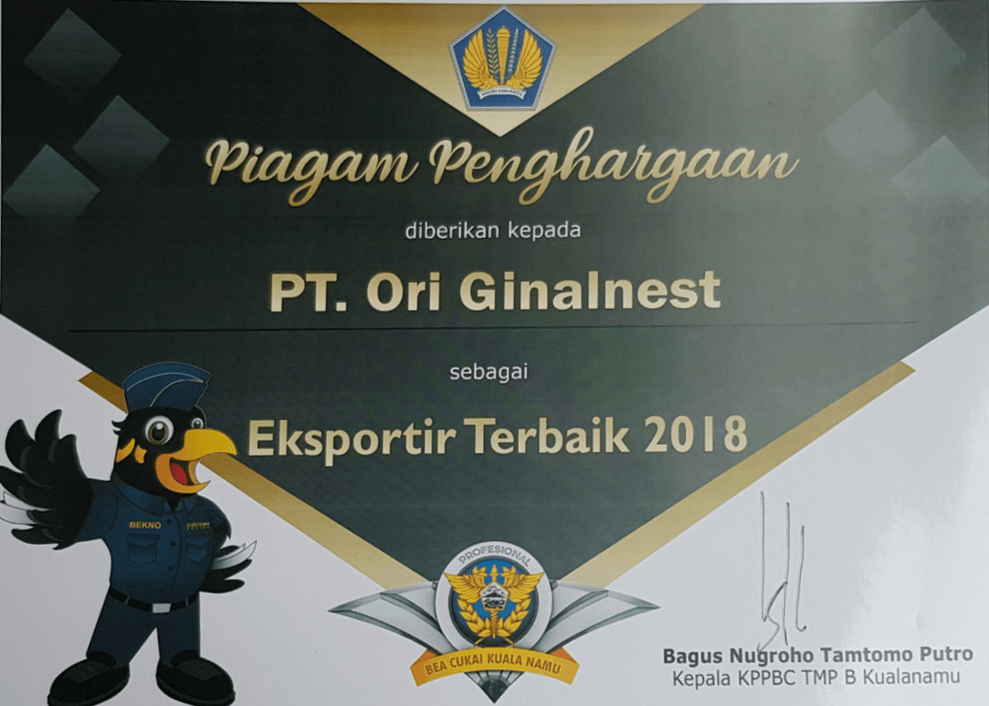 Eksportir Terbaik Dari Kementrian Bea Cukai 2018 | Indonesia Bird Nest