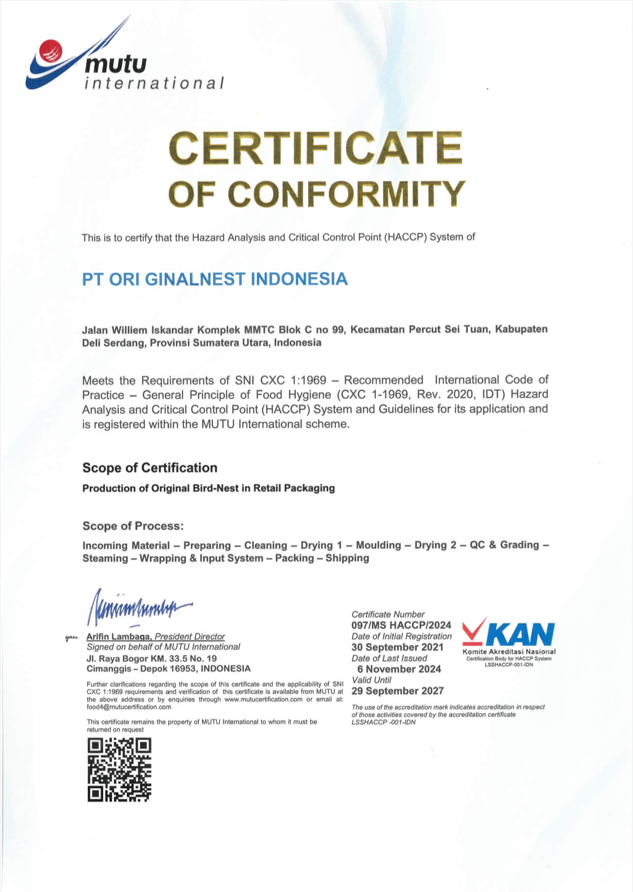 HACCP Certificate | Indonesia Bird Nest