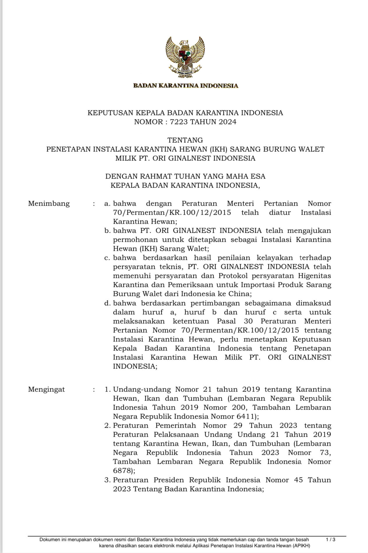 Quarantine Installation Designation | Indonesia Bird Nest